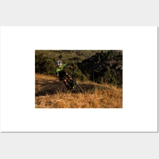 Mountain Biker riding a single track at sunset Posters and Art